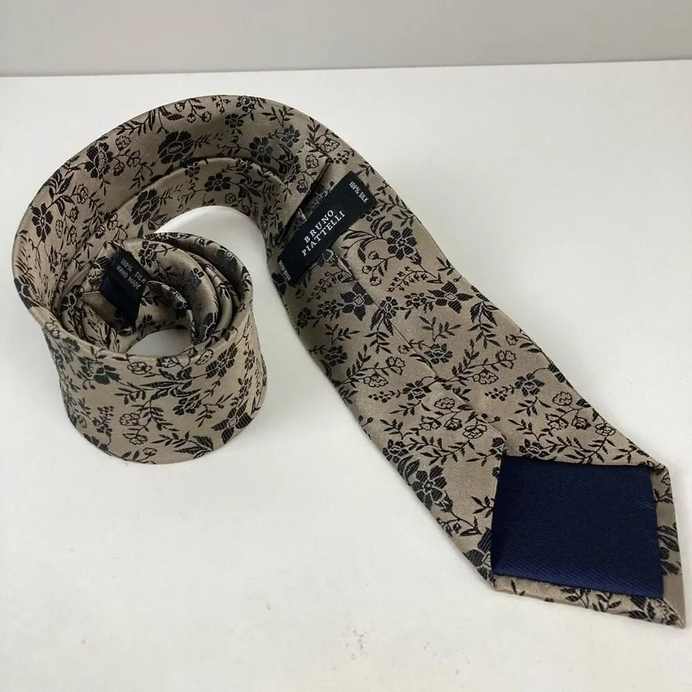 Bruno Piattelli 100% Silk Hand Made Necktie Tie Beige Tan and Black Floral Print - Picture 2 of 7